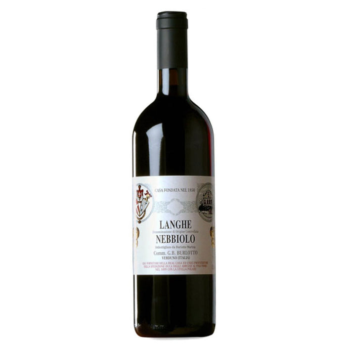 Dark red wine bottle with Langhe Nebbiolo label, vintage 2023