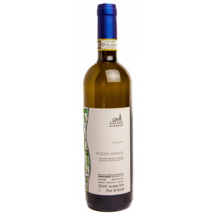 Giovanni Almondo Vigne Roero Arneis 2022 white wine bottle, blue cap, cream label