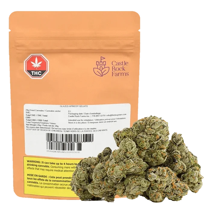 Close-up of the Glazed Apricot Gelato packaging with THC information displayed against a white background.