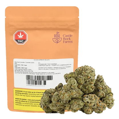 Close-up of the Glazed Apricot Gelato packaging with THC information displayed against a white background.