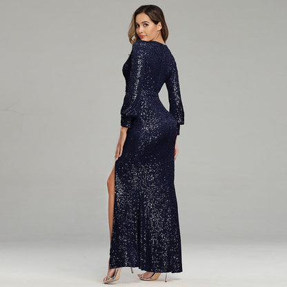 Gold Evening Dress Long Sleeve High Split Sequin Dress Long