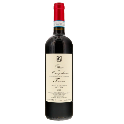Gracciano della Seta red Montepulciano wine bottle with red foil and cream label