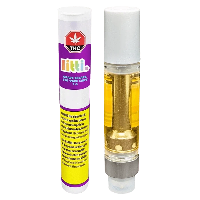 Close-up of the Grape Escape Vape Cartridge, showing its clear casing and label against a black background.