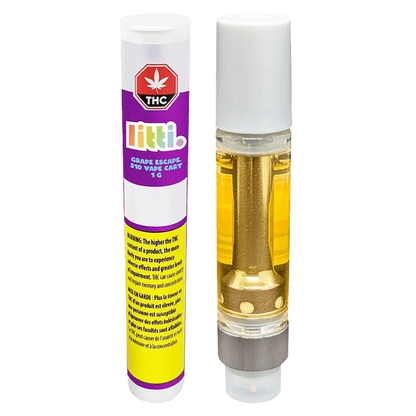 Close-up of the Grape Escape Vape Cartridge, showing its clear casing and label against a black background.