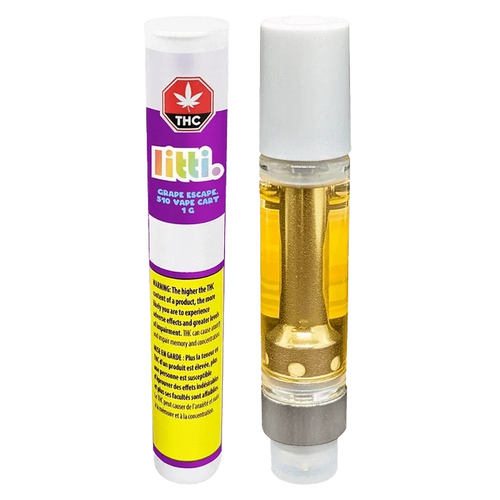 Close-up of the Grape Escape Vape Cartridge, showing its clear casing and label against a black background.