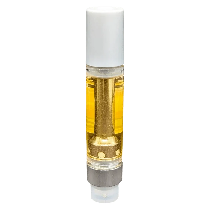 Close-up of the Grape Escape Vape Cartridge with visible liquid inside its clear glass casing, angled against a plain white background.