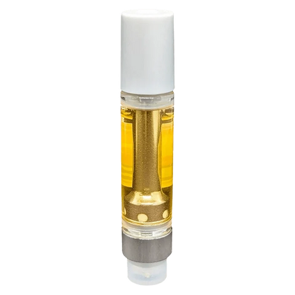 Close-up of the Grape Escape Vape Cartridge with visible liquid inside its clear glass casing, angled against a plain white background.