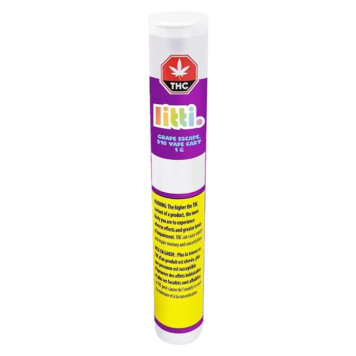 Close-up of the Grape Escape Vape Cartridge with a white label and metallic tip, angled against a dark background.