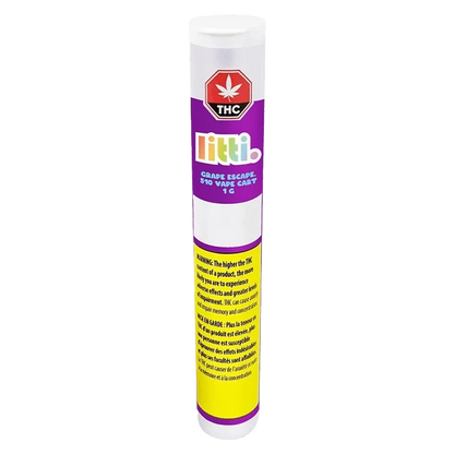Close-up of the Grape Escape Vape Cartridge with a white label and metallic tip, angled against a dark background.