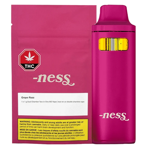 Front view of the Grape Razz Dual Chamber Two-in-One AIO Disposable Vape with a red and white warning label.