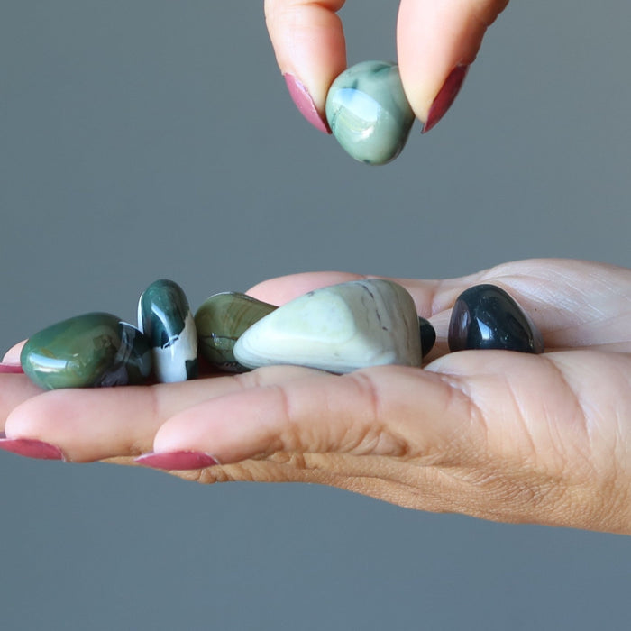 few Green Jasper Tumbled Stones on the palm