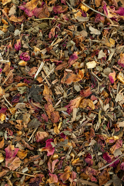 Close-up of a mix of dried herbs and flowers with various colors.