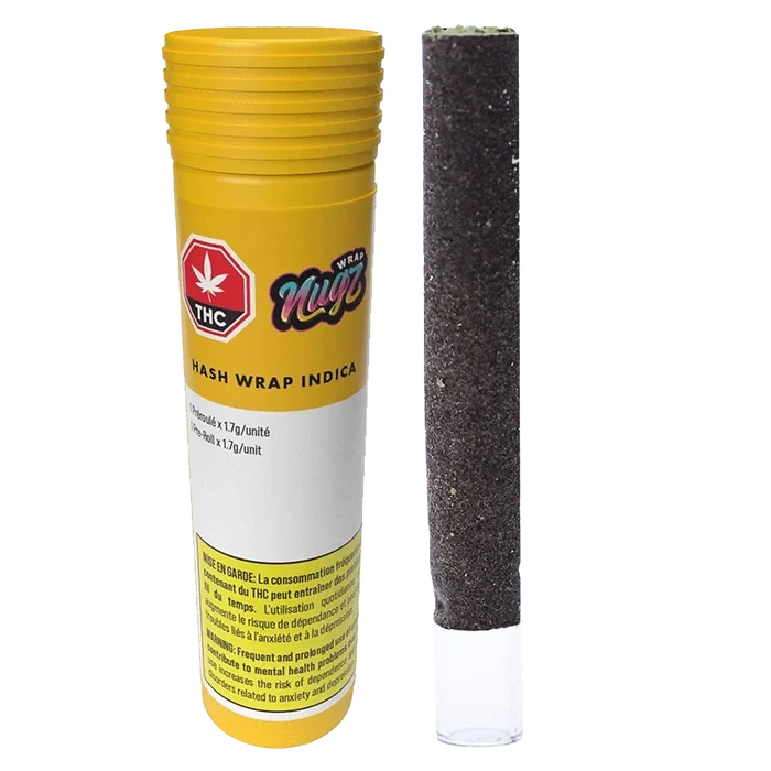 Front view of the Nug Hash Wrap packaging, displaying a colorful logo against a dark background.