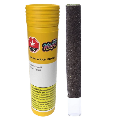 Front view of the Nug Hash Wrap packaging, displaying a colorful logo against a dark background.