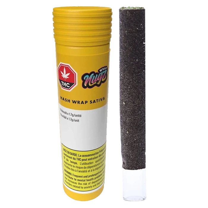 A close-up of the Nugs Hash Wrap package, showcasing branding with a dark background and prominent text.