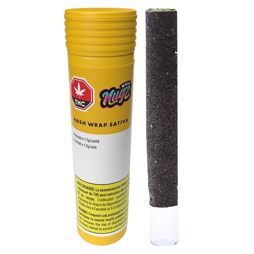 A close-up of the Nugs Hash Wrap package, showcasing branding with a dark background and prominent text.
