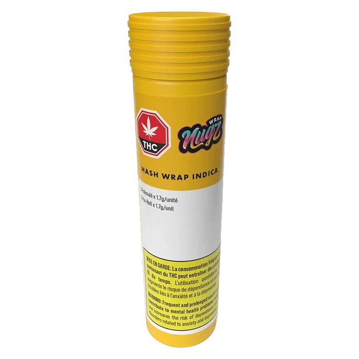 Front view of the Hash Wrap with a dark background, displaying text in English and French regarding cannabis use.