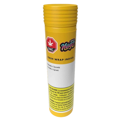 Front view of the Hash Wrap with a dark background, displaying text in English and French regarding cannabis use.
