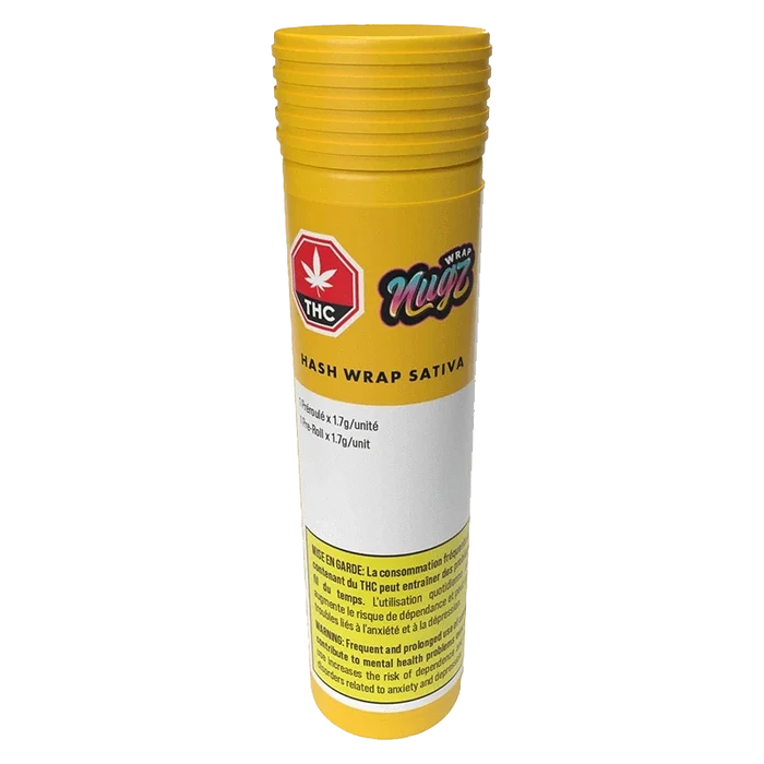Front view of the Hash Wrap, displaying a yellow and red label with THC warnings against a dark background.