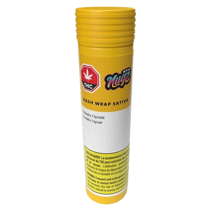 Front view of the Hash Wrap, displaying a yellow and red label with THC warnings against a dark background.