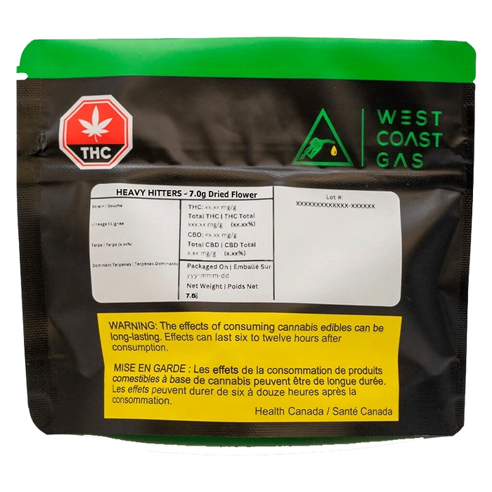 Close-up of the Heavy Hitter packaging displaying a white label with black text against a dark background.