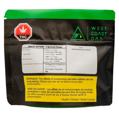 Close-up of the Heavy Hitter packaging displaying a white label with black text against a dark background.