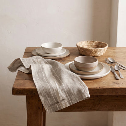Heirloom Linen Tea Towel, Natural with Cream Stripe, styled at home