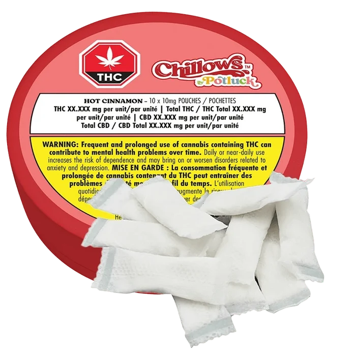 Top-down view of a red round tin labeled Hot Cinnamon Chillows Pouches with several white fabric pouches fanned across the foreground.