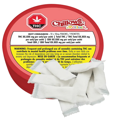 Top-down view of a red round tin labeled Hot Cinnamon Chillows Pouches with several white fabric pouches fanned across the foreground.