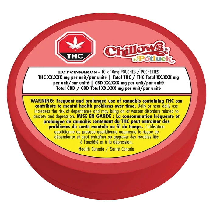 Close-up of Hot Cinnamon Chillows Pouches packaging with a warning message about potential health risks.