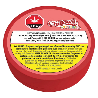Close-up of Hot Cinnamon Chillows Pouches packaging with a warning message about potential health risks.