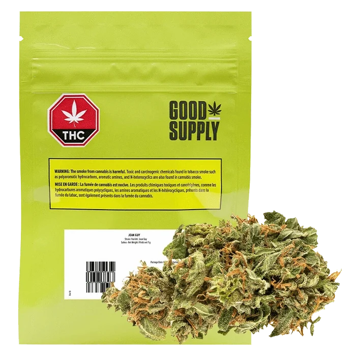 A close-up shot of the “Jean Guy” packaging with a warning label against harmful chemicals and THC symbol.