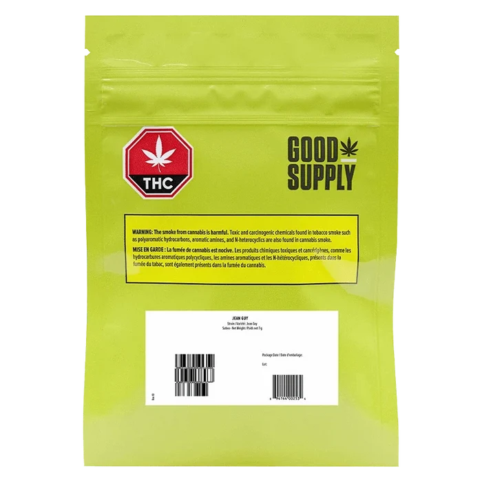 Front view of the “Jean Guy” packaging featuring a warning label about harmful chemicals, with a bold graphic element.