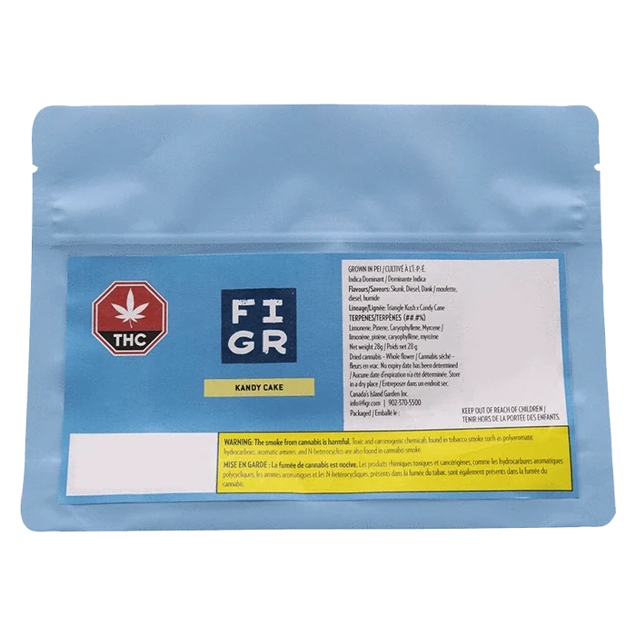 Front view of the Kandy Cake package, displaying bold typography and cannabis leaf graphics against a dark background.