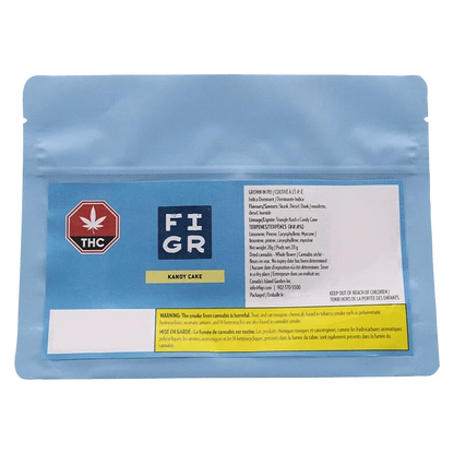 Front view of the Kandy Cake package, displaying bold typography and cannabis leaf graphics against a dark background.