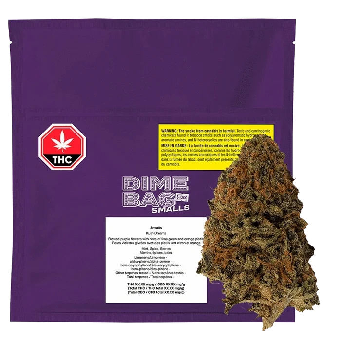 Front view of the Kush Dreams smalls bag, displaying the brand’s logo against a black backdrop.