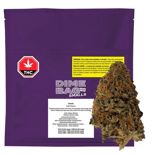 Front view of the Kush Dreams smalls bag, displaying the brand’s logo against a black backdrop.