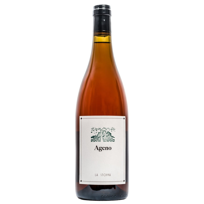 White wine bottle with 'Ageno' label, black cap, golden liquid