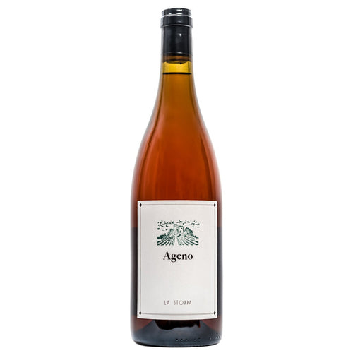 White wine bottle with 'Ageno' label, black cap, golden liquid