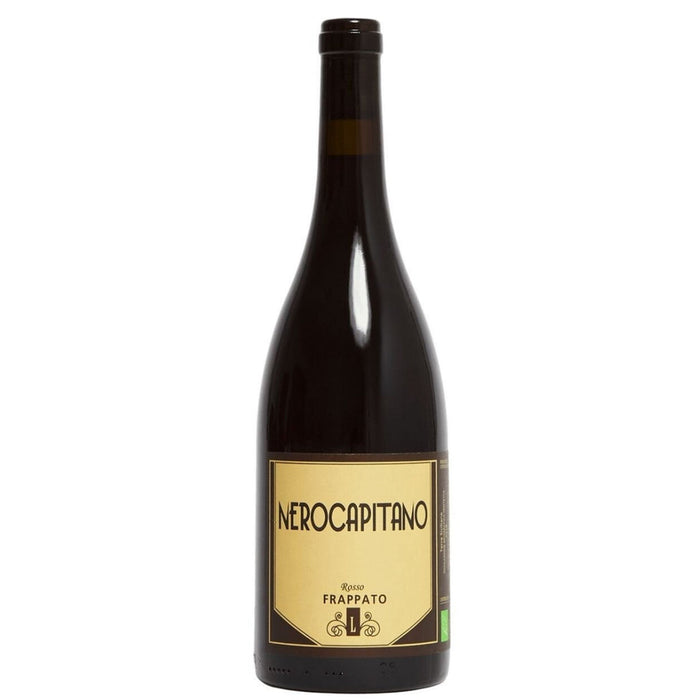 Wine bottle front view with NERO CAPITANO label, FRAPPATO wording, black cap.
