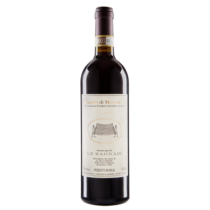 Le Ragnaie Brunello di Montalcino 2019 wine bottle with dark glass and cream label
