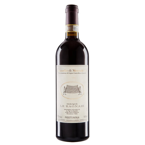 Le Ragnaie Brunello di Montalcino 2019 wine bottle with dark glass and cream label