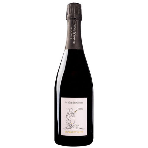 Champagne bottle in dark glass with cream label and textured black foil cap.
