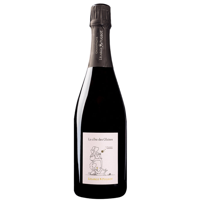 Champagne bottle front view with black foil top and rectangular cream label.