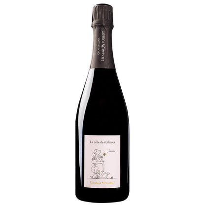 Champagne bottle front view with black foil top and rectangular cream label.