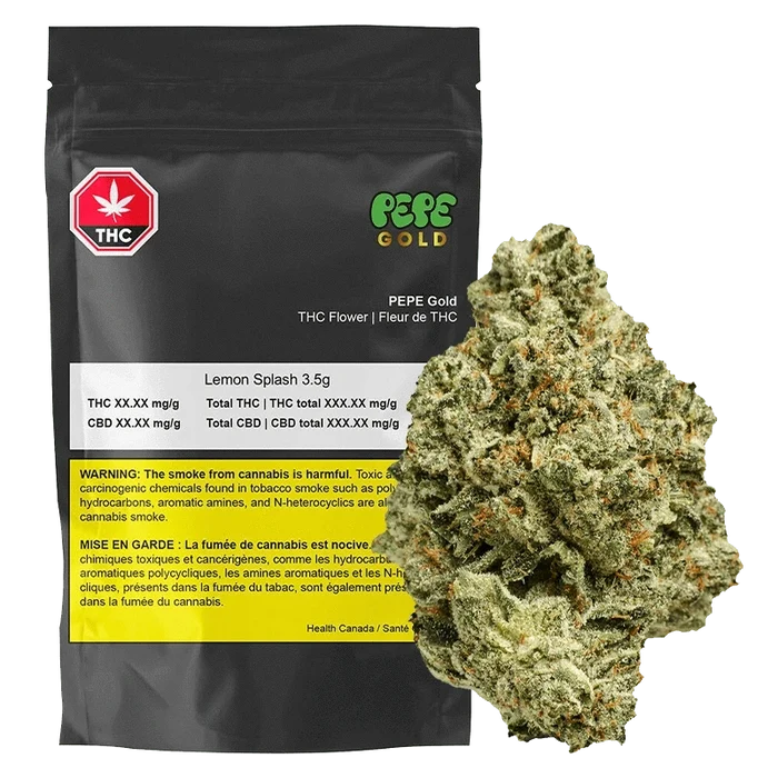 A close-up of the Lemon Splash package, displaying health warnings and THC content information on a vibrant yellow background.
