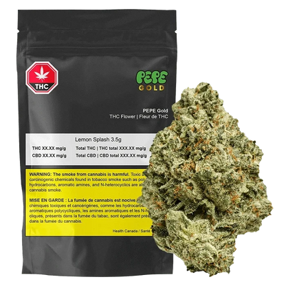 A close-up of the Lemon Splash package, displaying health warnings and THC content information on a vibrant yellow background.