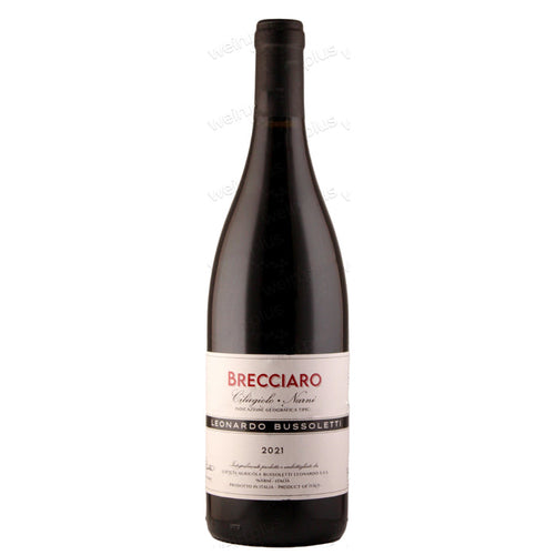 Dark glass wine bottle with Brecciaro label and 2021 vintage