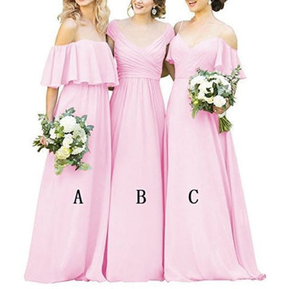 Three styles of long chiffon bridesmaid dresses in pink with floral bouquets