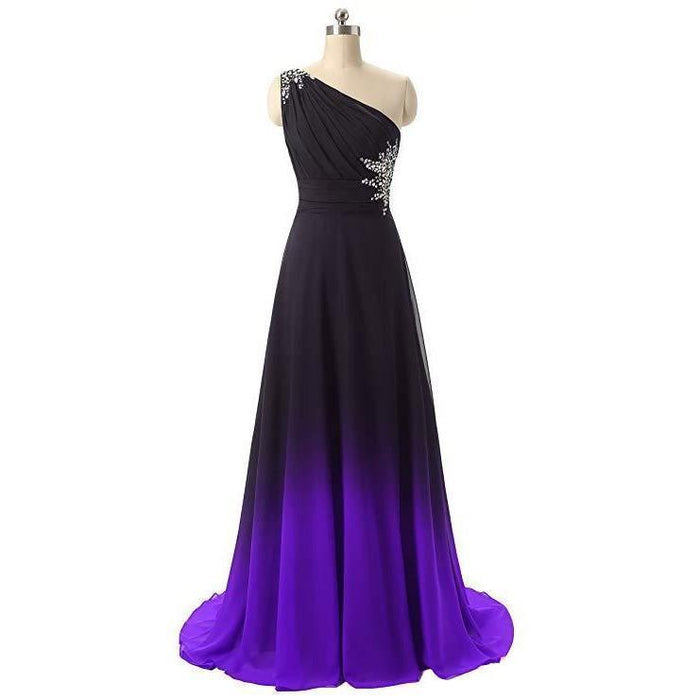 Elegant black and purple long evening gown for weddings featuring a one-shoulder design and beaded detailing